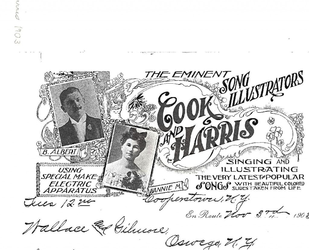 Advertisement for exhibitors Bert and Fannie Cook.