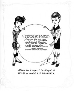 Internal cover of Vittorio Emanuele Bravetta book Tranquillino dopo la guerra vuol creare il mondo… nuovo (1916), which inspired Umanità (1920). PC