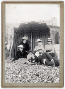 At the beach in Mers-les-Bains in 1905. First row, from left to right: Georgette Méliès, her brother André, and Georges Méliès. 1905. FRC